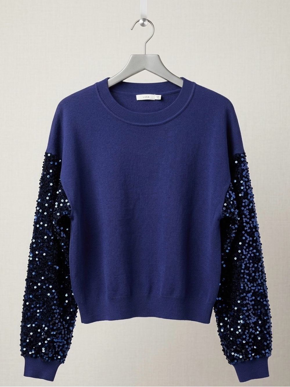 Lush Navy Blue Sequin Sleeve Knit Crewneck Sweater Size large - holiday - glam